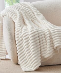 Cream Ribbed Fleece Throw Blanket for Couch