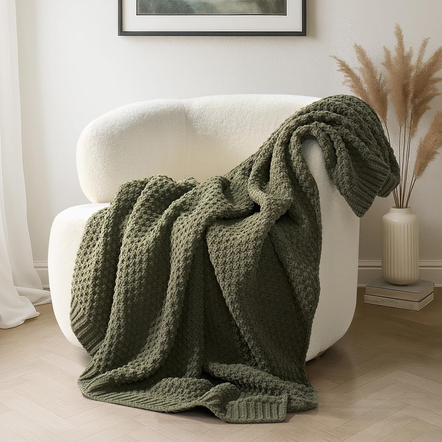 Olive Green Chunky Chenille Knit Throw Blanket